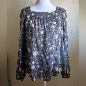 Lauren Conrad Semi Sheer Black Floral Smock Long Sleeve Women's Top Size XS